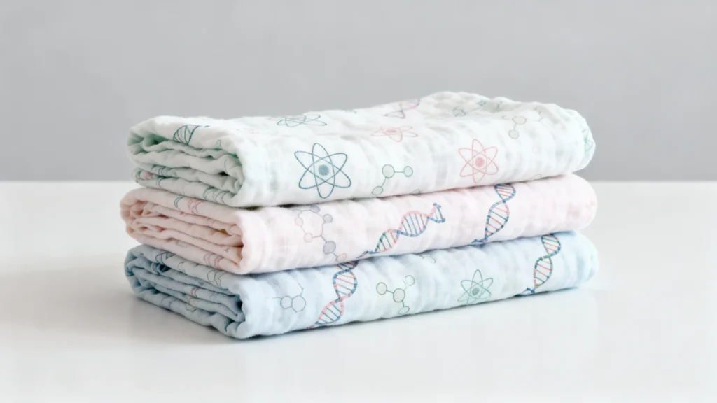 Stack of three folded muslin baby blankets with breathable science-themed prints including atoms and DNA strands