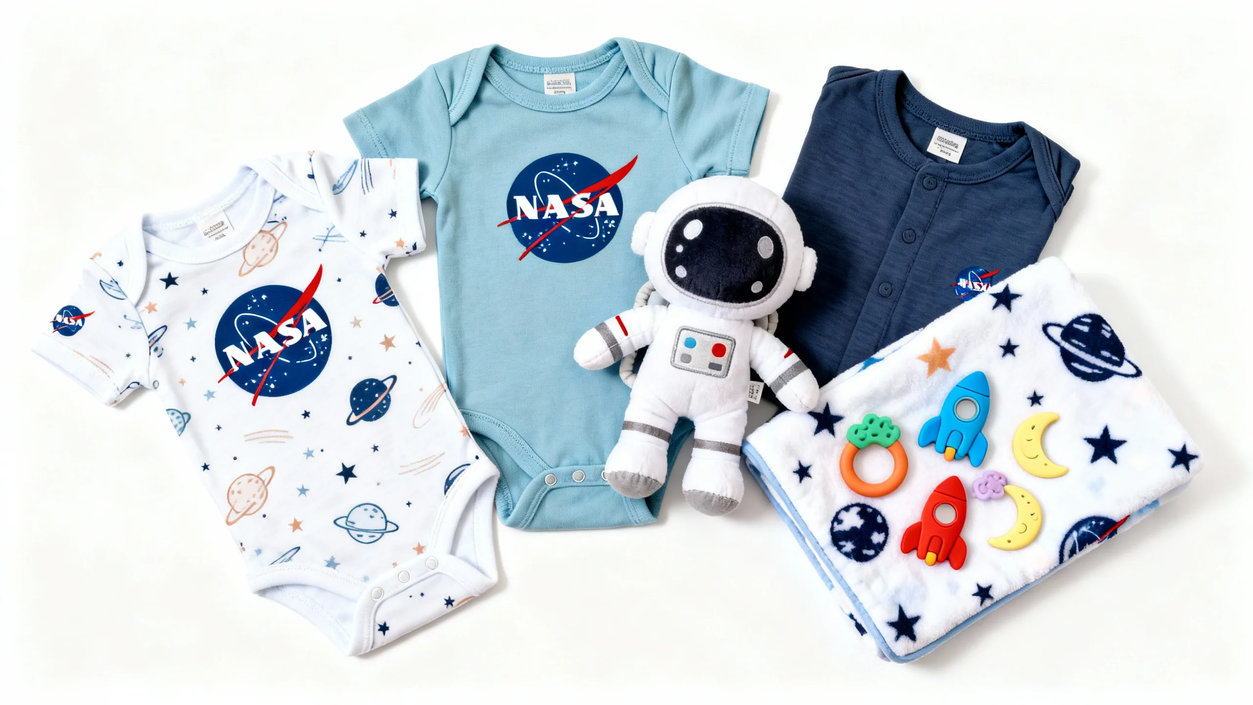 NASA-themed baby onesies, astronaut plush toy, and space-patterned blanket with colorful rocket and moon toys