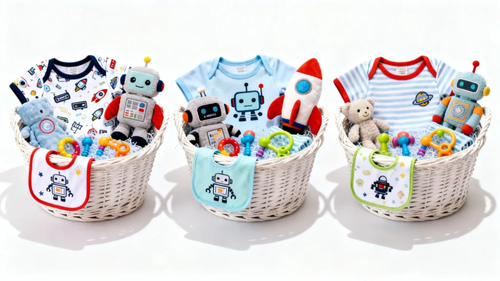 Three white wicker baskets each filled with baby clothes, robot-themed bibs, plush toys, and colorful rattles on a white background