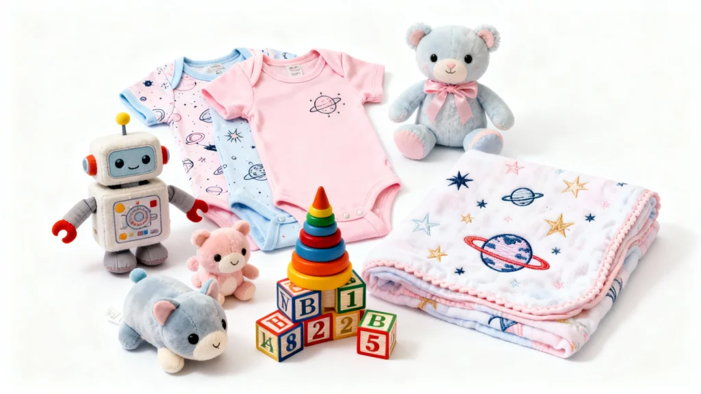 New baby girl essentials including pink and blue space-themed onesies, plush toys, colorful stacking rings, alphabet blocks, and a soft blanket