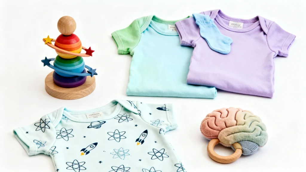 Newborn baby girl gifts including pastel onesies, a science-themed onesie with rockets and atoms, a wooden planet stacking toy, and a plush brain teething ring