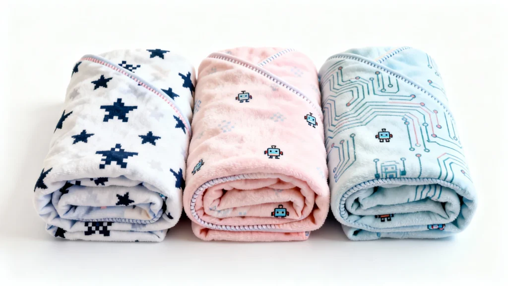 Three rolled newborn blankets in white with star patterns, pink with robot designs, and blue with circuit board prints