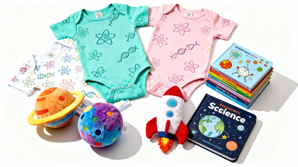 Colorful science-themed newborn onesies with plush planets, rocket toy, and stack of science board books