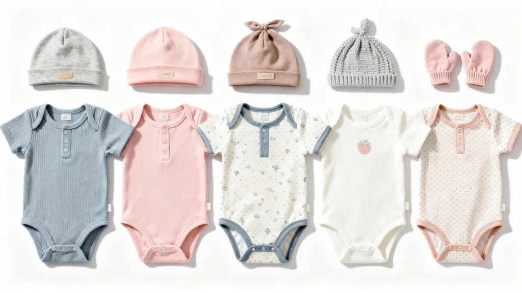 Five newborn bodysuits in blue, pink, white, and patterned designs with matching hats and pink mittens laid out on a white background
