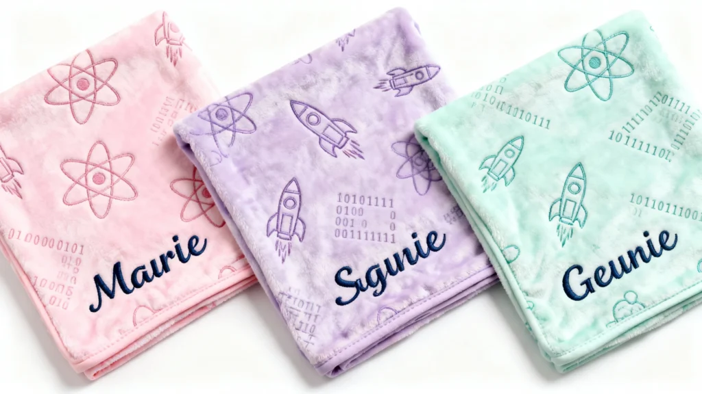 Three personalized baby blankets in pink, purple, and mint green with embroidered rockets, atoms, binary code, and custom names