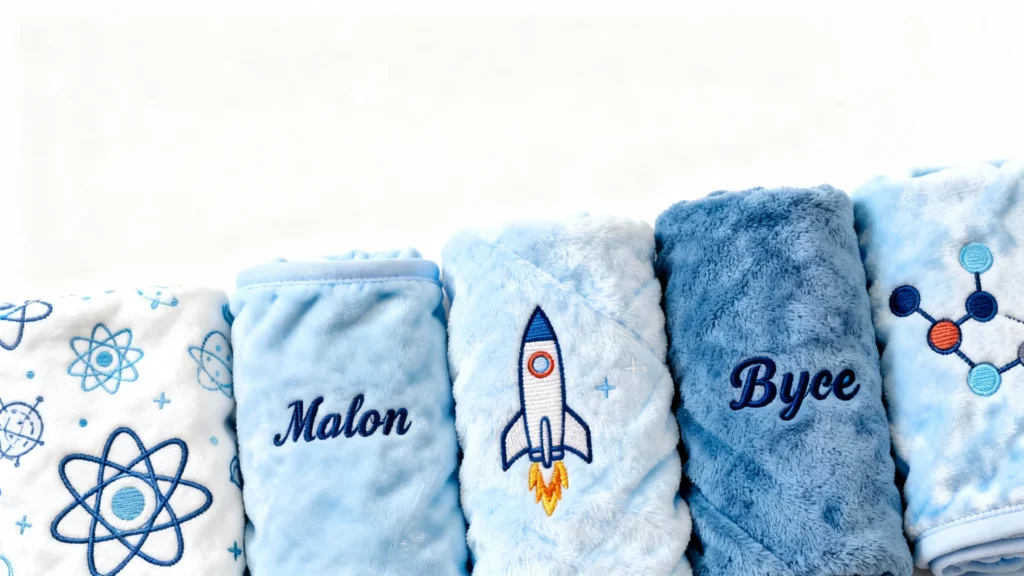 Rolled personalized baby blankets for boys in blue tones with science-themed embroidery including atoms, a rocket, and molecular structures