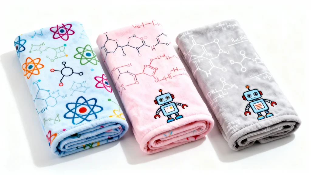 Three rolled personalized baby blankets with colorful science-themed designs including atoms, molecules, and robots on blue, pink, and gray backgrounds