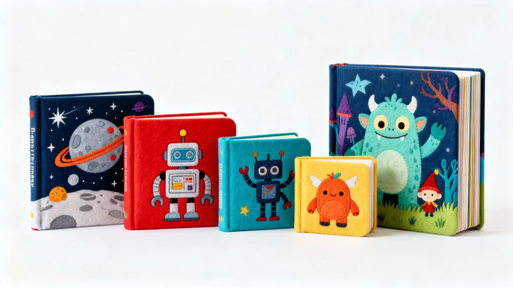 Set of five colorful personalized baby books with soft covers featuring space, robots, and monster designs