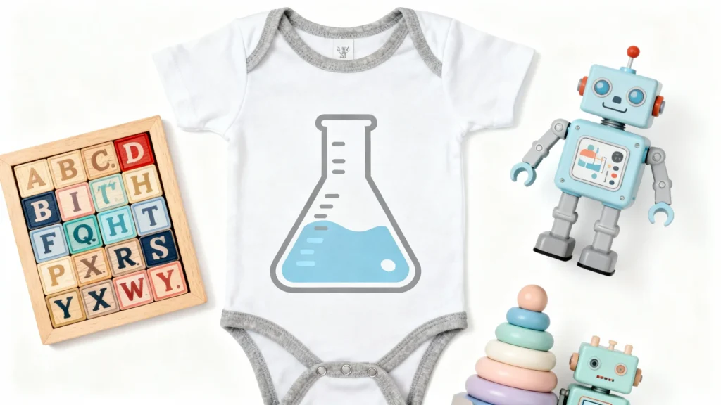 White baby onesie with a blue science beaker graphic surrounded by wooden alphabet blocks, pastel stacking rings, and blue toy robots