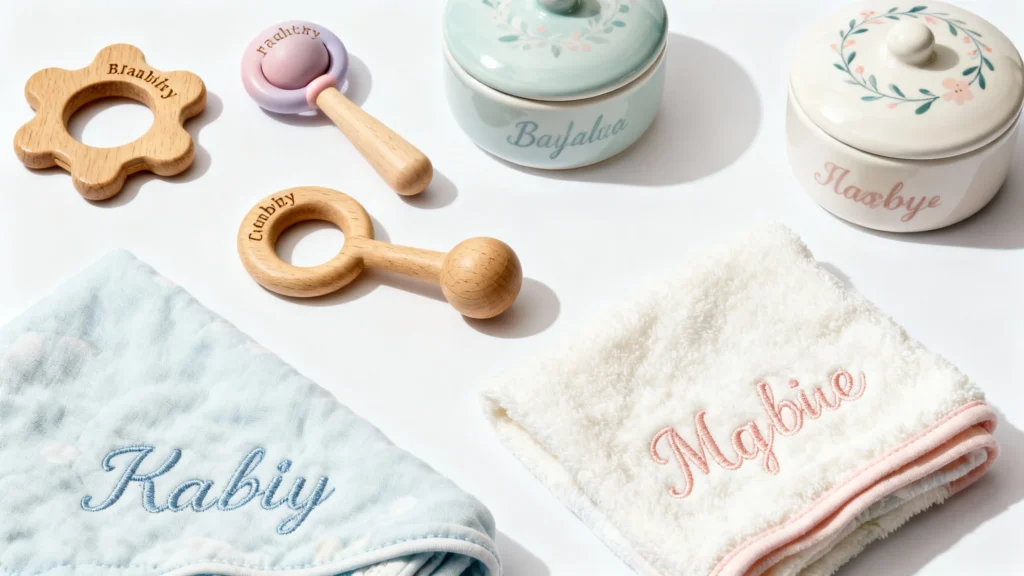 Personalized baby gifts including embroidered blankets, wooden rattles, and ceramic containers with custom names