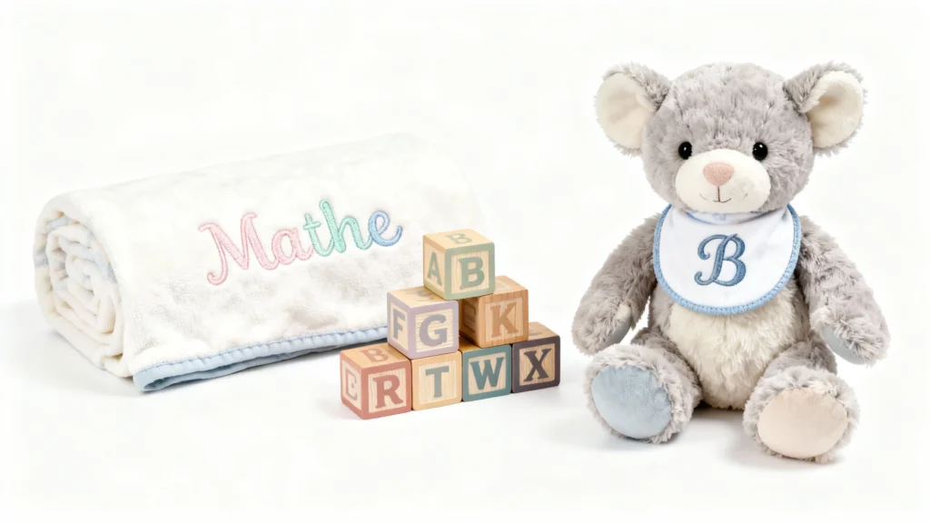 Personalized baby blanket embroidered with name and plush teddy bear wearing monogrammed bib with wooden alphabet blocks