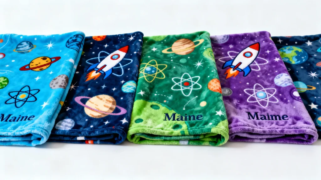 Five folded personalized kids blankets with colorful space and science designs including rockets, planets, and atoms, each embroidered with the name Maine