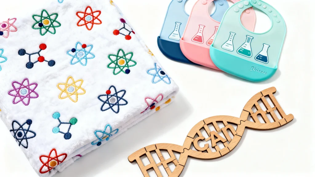 Folded white blanket with colorful embroidered science symbols, three pastel silicone bibs with beaker designs, and a wooden DNA model spelling 'I CAN HIT'