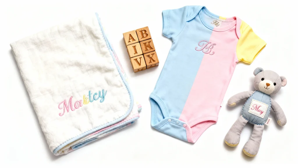 Personalized baby blanket, wooden alphabet blocks, color-blocked baby onesie, and stuffed bear with name embroidery