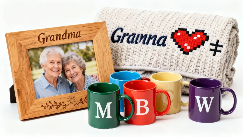 Personalized gifts for grandma including a wooden photo frame with two elderly women, a knitted blanket with Granna and heart design, and colorful mugs with letters