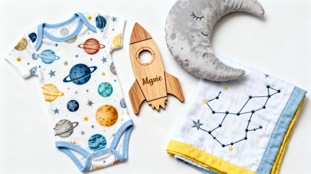 Newborn bodysuit with colorful planets, personalized wooden rocket toy, crescent moon plush, and constellation embroidered blanket