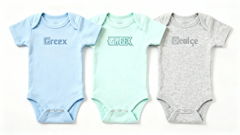 Three personalized newborn onesies in blue, mint green, and gray with custom name designs on the front