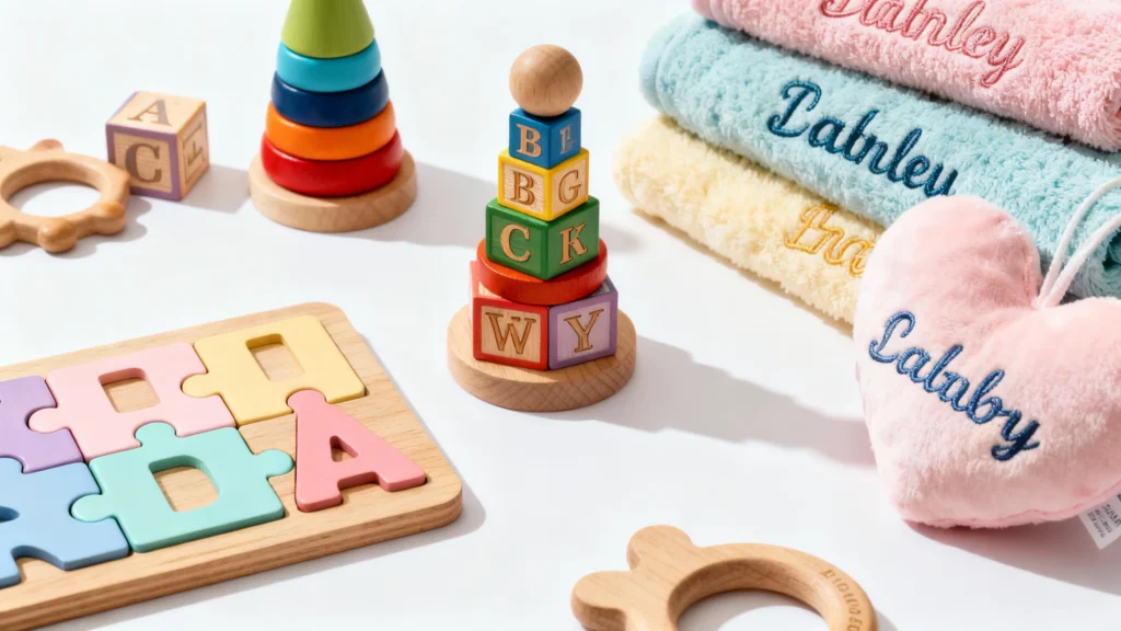Personalized toddler gifts including colorful wooden alphabet blocks, stacking toys, puzzles, and embroidered plush towels and heart