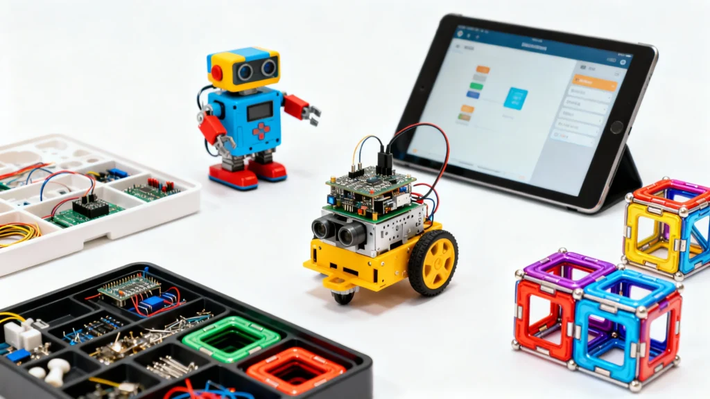 STEM toys for tweens including a small yellow robot, a blue robot figure, electronic components, magnetic building cubes, and a tablet with coding interface