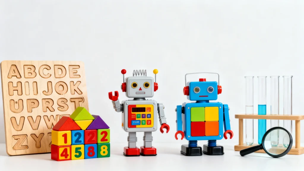 Educational preschool toys including alphabet puzzle, number blocks, two colorful toy robots, test tubes with blue liquid, and a magnifying glass