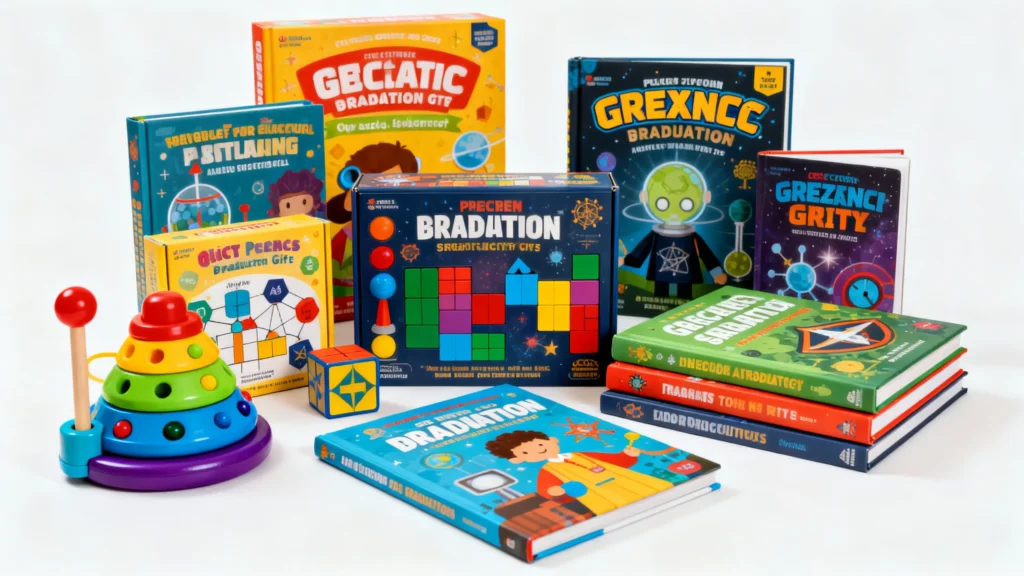 Colorful preschool graduation-themed books and educational toys including a rainbow stacking toy and puzzle game on a white background