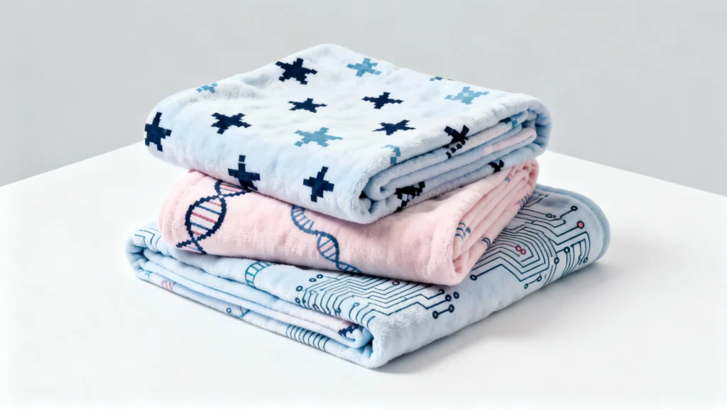 Stack of three soft receiving blankets with science-themed patterns on a white surface