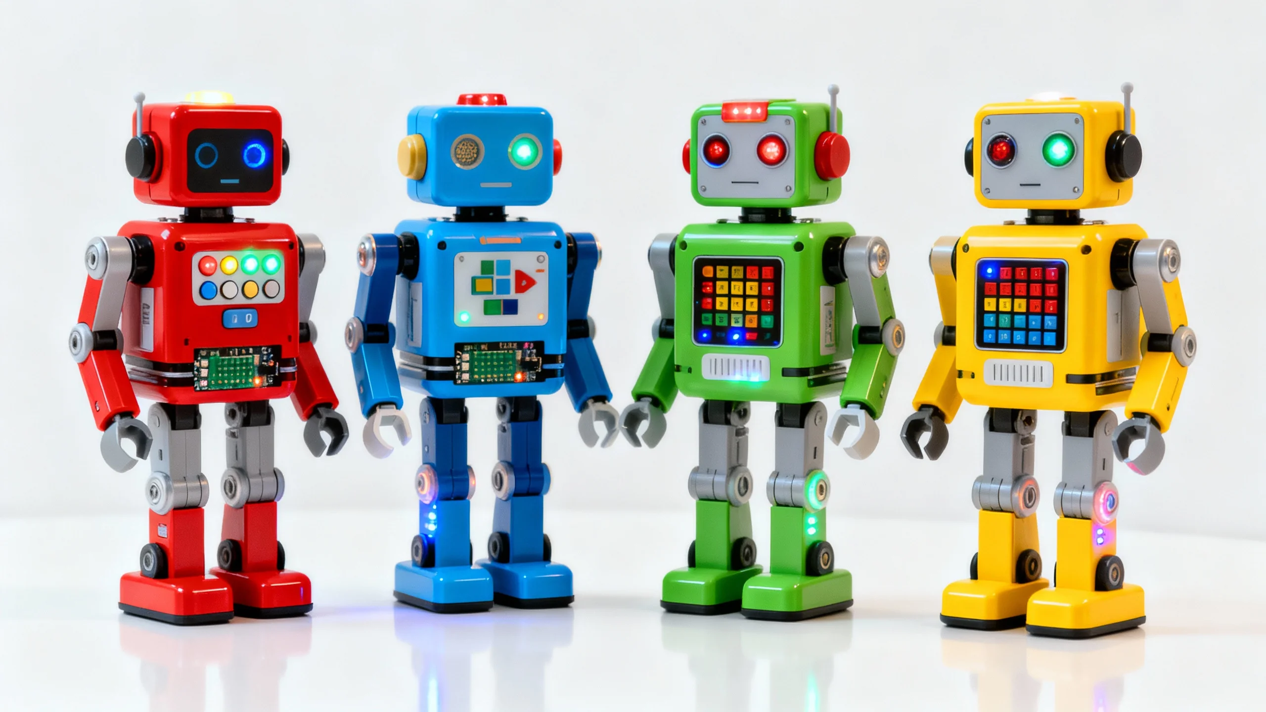 Four colorful robot toys for kids with coding-themed buttons and lights, standing in a row on a white surface