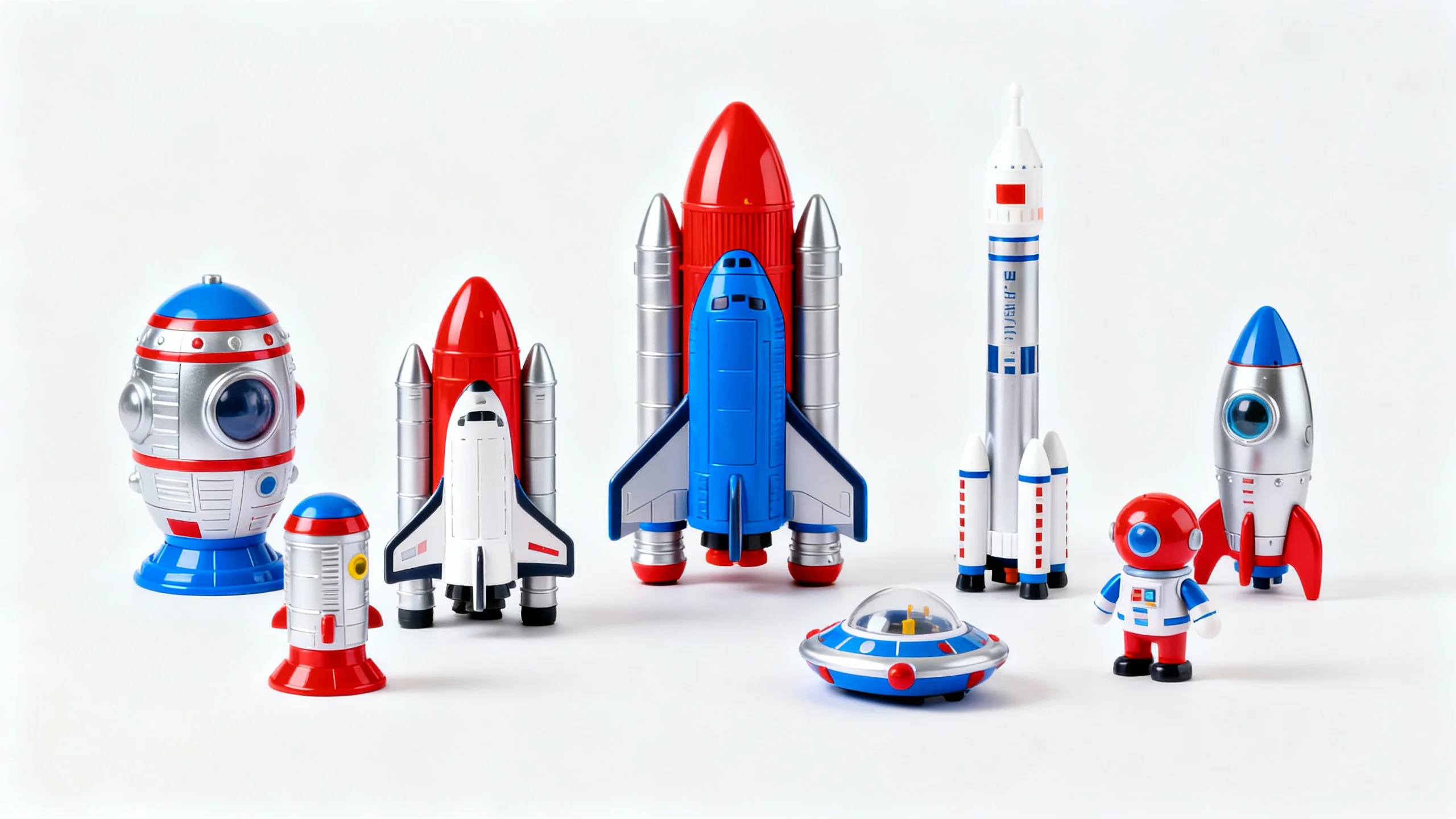 Collection of colorful space-themed rocket ship toys and astronaut figures on white background
