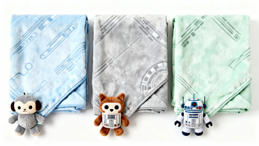 Three folded plush security blankets in blue, gray, and green with matching small stuffed animal loveys on a white background