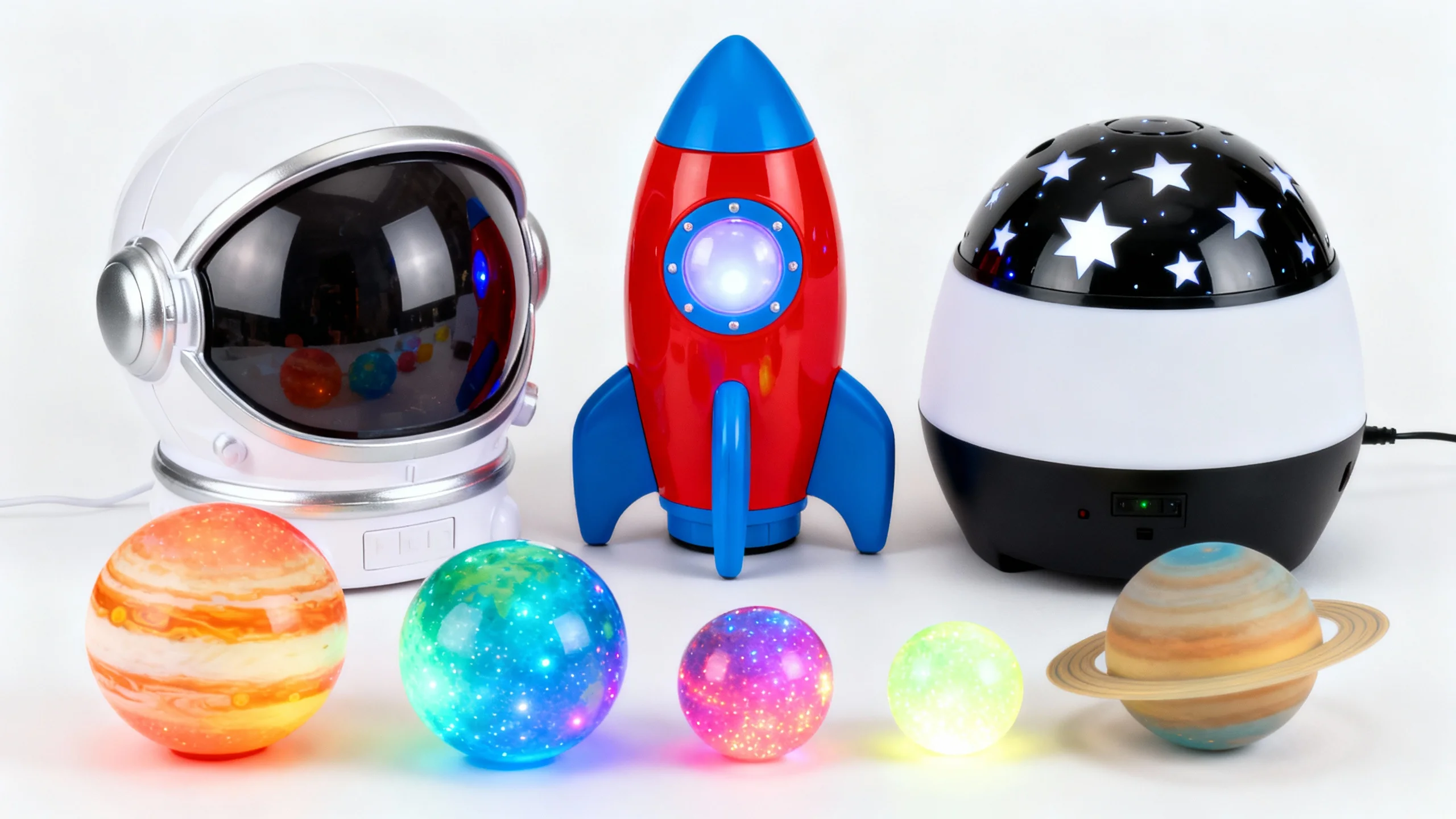 Colorful space-themed kids gifts including astronaut helmet lamp, red and blue rocket toy, star projector, and glowing planet models
