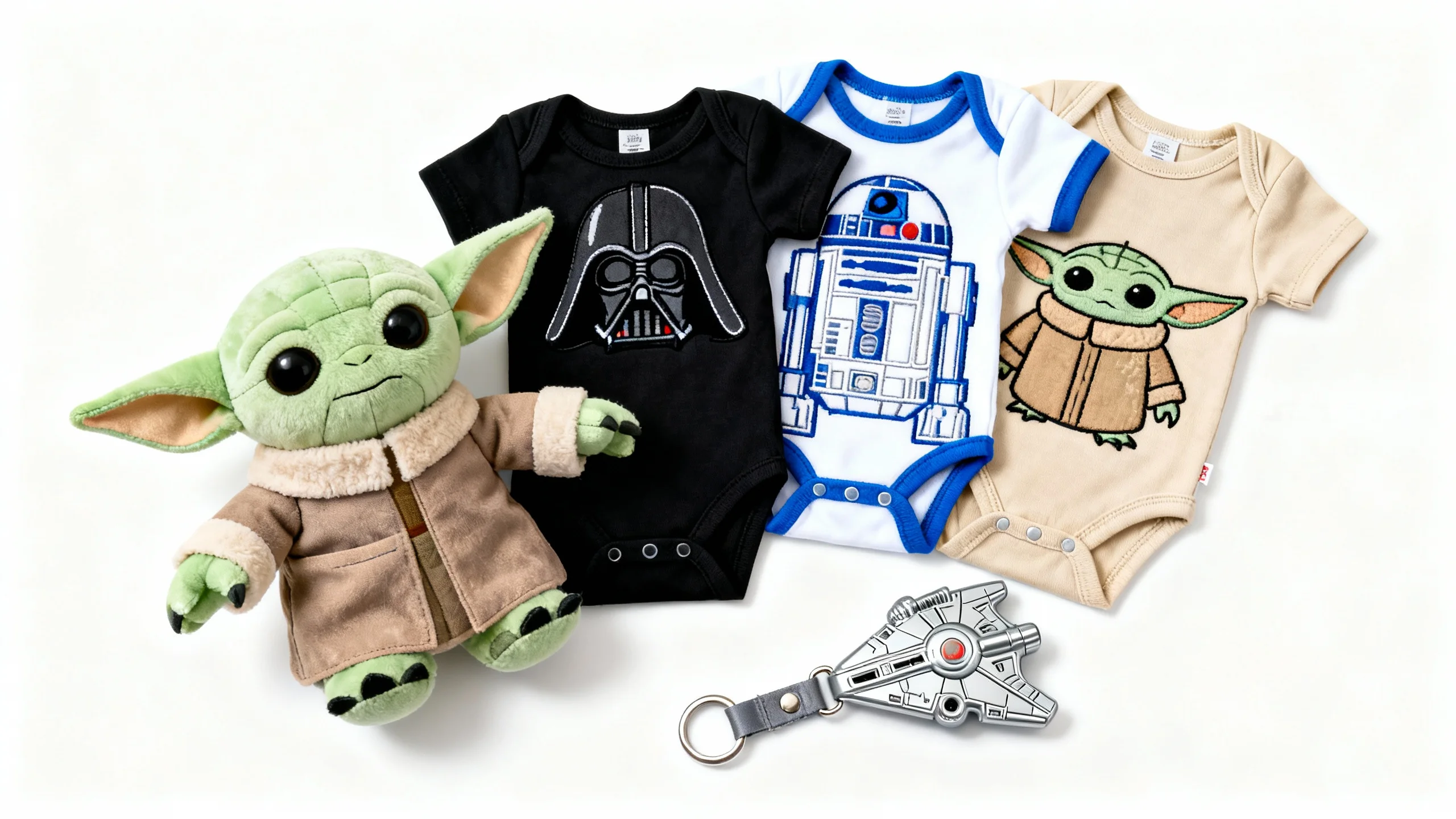 Star Wars baby gifts including a plush Grogu doll, three baby bodysuits with Darth Vader, R2-D2, and Grogu designs, and a Millennium Falcon keychain