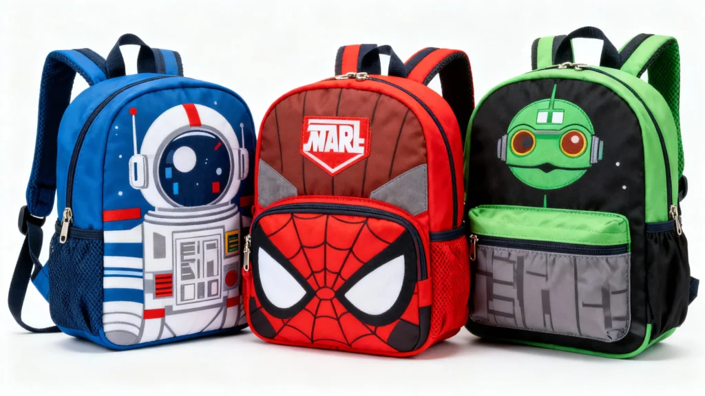 Three colorful toddler backpacks with space, spider web, and robot designs on a white background