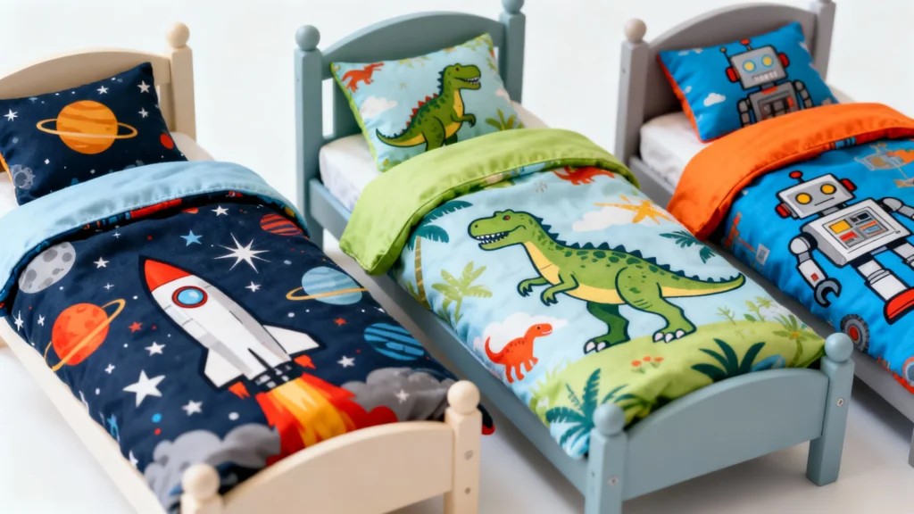 Three toddler beds with themed bedding featuring a rocket ship, a dinosaur, and a robot on colorful comforters and matching pillows
