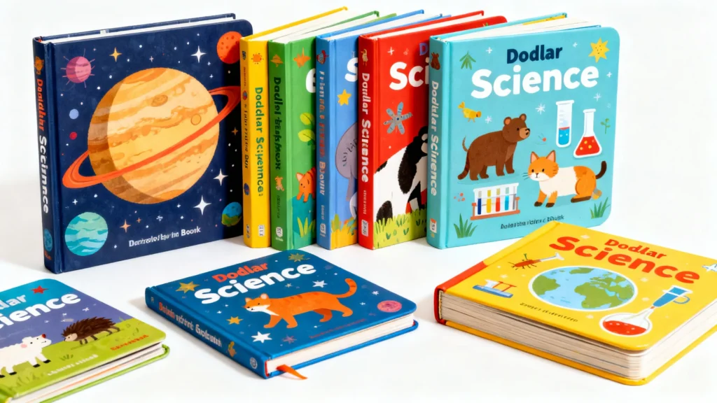 Colorful toddler science books with illustrations of planets, animals, and lab equipment on white background