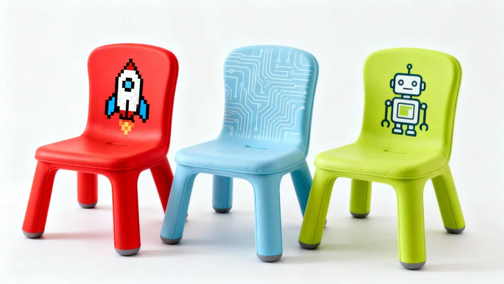 Three colorful toddler chairs with space and robot designs on the backrests in red, blue, and green