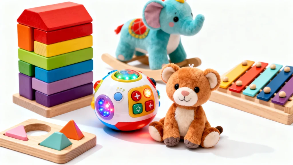 Colorful educational toddler toys including stacking blocks, shape sorter, light-up activity ball, plush bear, rocking elephant, and xylophone