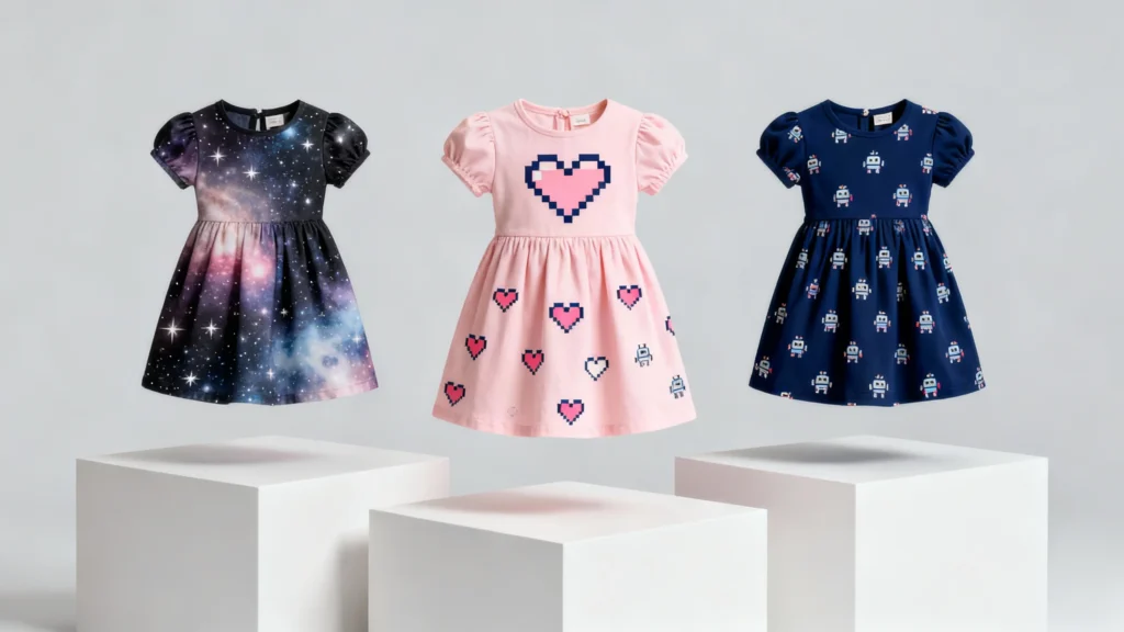 Three toddler dresses with puff sleeves featuring galaxy, pixel heart, and robot patterns displayed on white pedestals