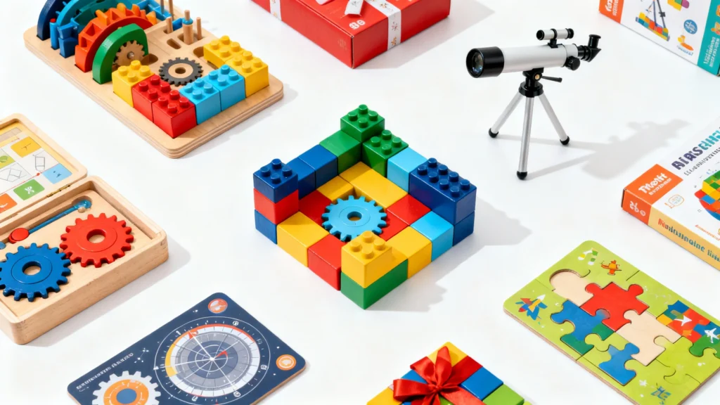 Colorful toddler science and engineering toys including building blocks, gears, puzzle, and a small telescope on a white surface