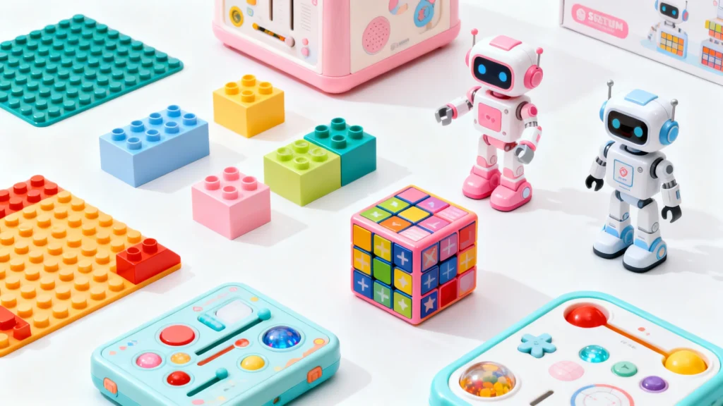Colorful STEM toys for toddlers including building blocks, interactive robots, and puzzle cubes on a white surface