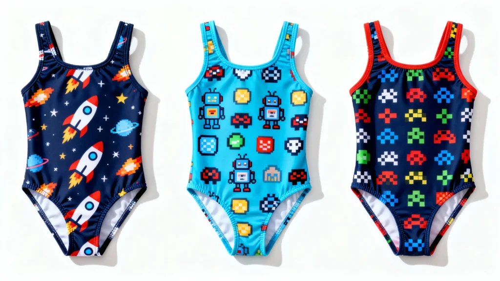 Three toddler swimsuits with colorful space and robot-themed prints laid flat on a white background