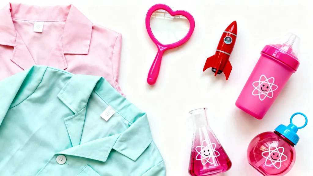 Pink and teal toddler lab coats with heart-shaped magnifying glass, red toy rocket, and pink science-themed sippy cups and beaker