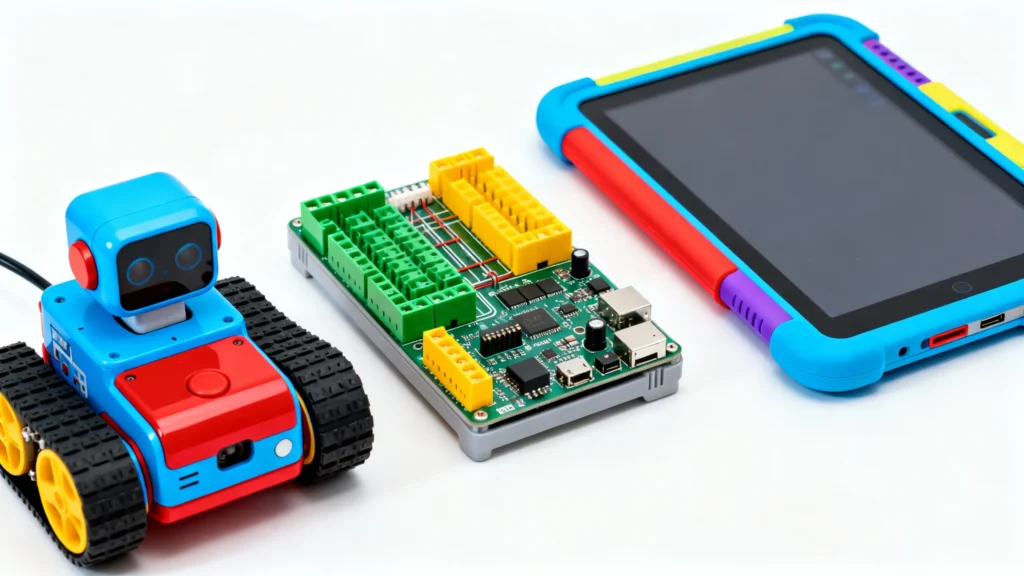 Colorful educational robot, circuit board, and tablet with protective case for tween STEM learning and coding gifts