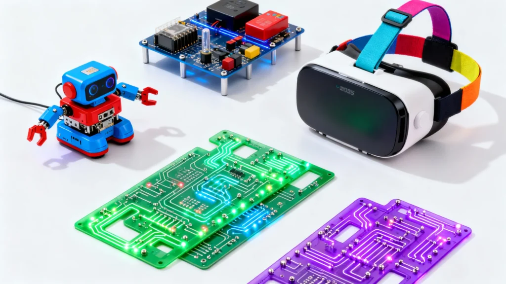 Colorful educational tech toys including a small robot, circuit boards with LED lights, and a virtual reality headset with a rainbow strap