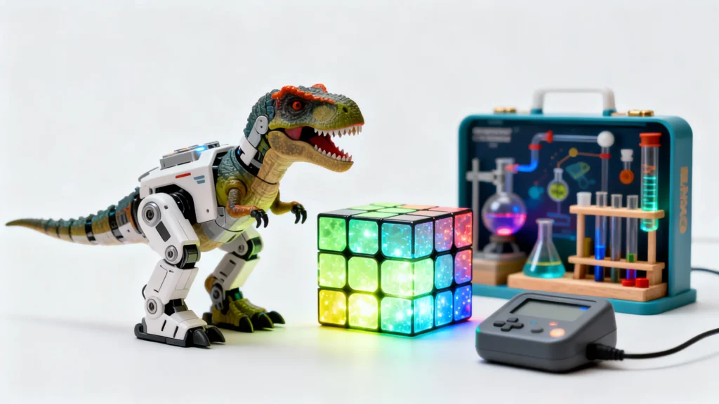 Robotic dinosaur toy, glowing puzzle cube, mini science lab kit, and handheld electronic game on white background