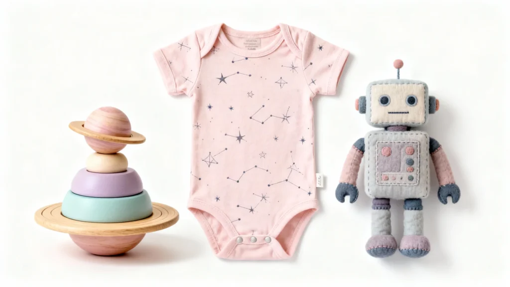 Pink baby onesie with star constellation print, wooden planet stacking toy, and plush robot toy for unique baby girl gifts