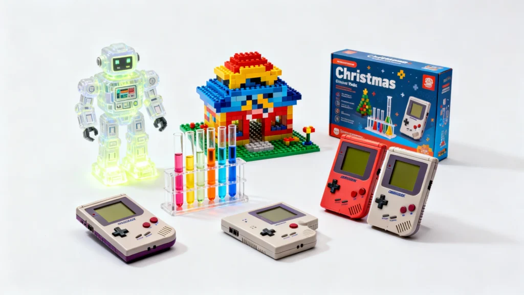 Colorful kids toys including a glowing robot, building blocks house, test tubes with colorful liquids, and retro handheld game consoles