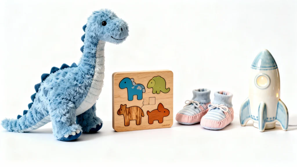 Blue plush dinosaur toy, wooden animal puzzle, baby boy booties, and blue ceramic rocket night light on white background