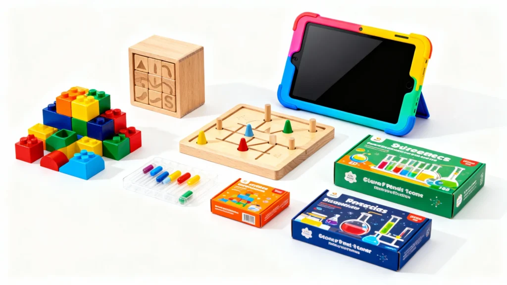 Colorful building blocks, wooden puzzle games, educational science kits, and a tablet with a protective case for kids