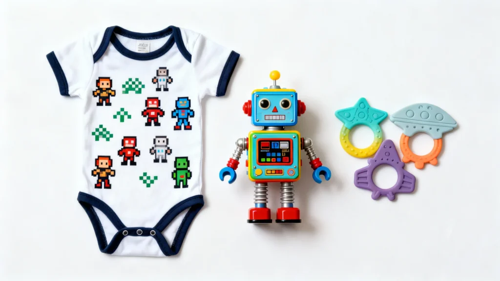 White baby onesie with pixelated robot characters, colorful retro robot toy, and three space-themed teething rings