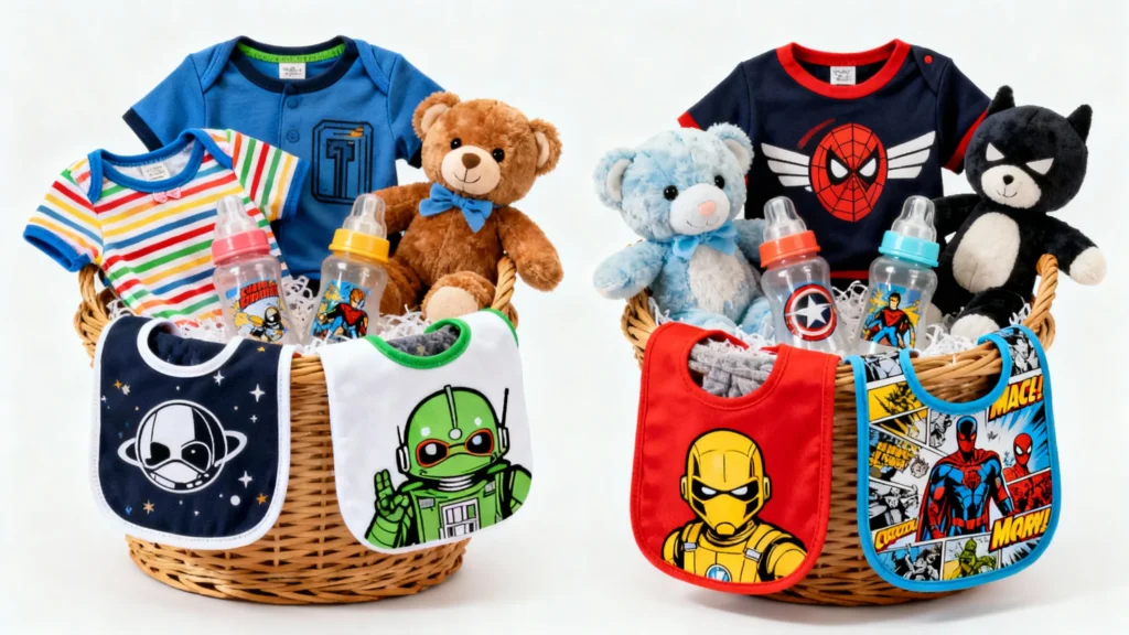 Two wicker welcome baby gift baskets with baby clothes, bibs featuring superhero and space themes, plush teddy bears, and baby bottles